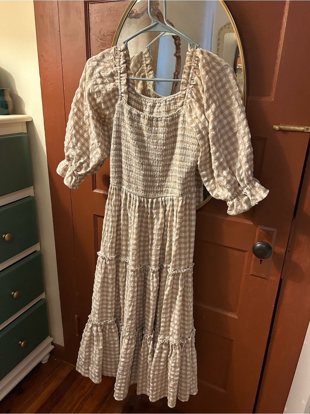 Ivy City Co Beige Gingham Smocked Maxi Dress